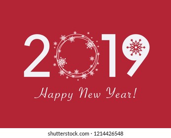 Happy New Year 2019 design. Flat vector greeting illustration with snowflake