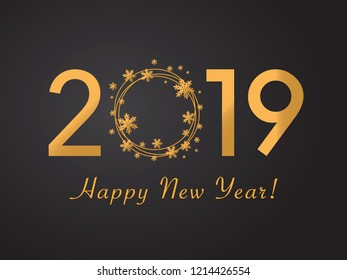 Happy New Year 2019 design. Flat vector greeting illustration with snowflake