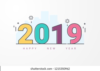 Happy new year 2019. Design  Greeting card or calendar cover template. line art style
