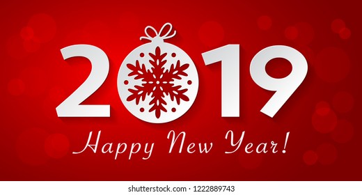 Happy New Year 2019 design with white christmas ball with snowflake. Vector red greeting illustration