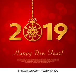 Happy New Year 2019 design with golden christmas ball with snowflake. Vector red greeting illustration