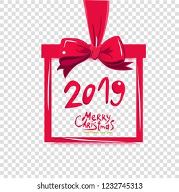 Happy New Year 2019 design, square banner in form of Christmas gift with red ribbon and bow. Greeting card, brochure or banner template. Vector illustration.