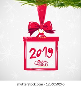 Happy New Year 2019 design, square banner in form of Christmas gift with red ribbon and bow. Greeting card, brochure or banner template. Vector illustration.