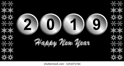 Happy New Year 2019 design. Vector greeting illustration withs nowflake,  silver element, black numbers and night sky to background.