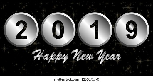 Happy New Year 2019 design. Vector greeting illustration withs nowflake,  silver element, black numbers and night sky to background.