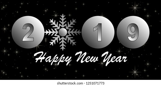 Happy New Year 2019 design. Vector greeting illustration withs nowflake,  silver element, black numbers and night sky to background.