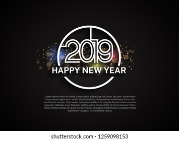 Happy new year 2019 design vector circle style white color with colorful shiny glitter background