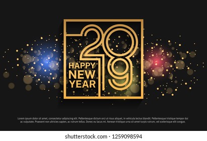 Happy new year 2019 design vector golden square style number with colorful shiny glitter background