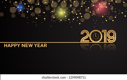 Happy new year 2019 design vector golden multiple line number and clock with colorful shiny glitter background