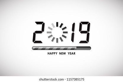 happy new year 2019 in digital font with loading bar icon on white color background