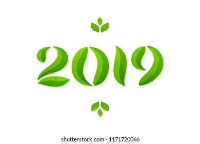 Happy new year 2019 eco leaves greeting card design