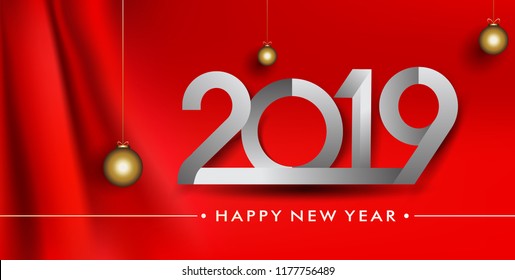 Happy New Year 2019 elegant design Isolated on Realistic Red Curtain, Vector Design for Greeting Card, Poster and Invitation Card