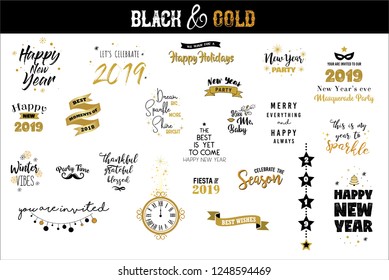 Happy New Year 2019 emblem set. Vector logo, text design. Black, white and gold. Usable for banners, greeting cards, gifts etc. vector illustration