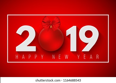 Happy new year 2019. Festive banner for your project. Falling snowflakes on a light red background. Paper numbers with a New Year's toy. Vector illustration. EPS 10