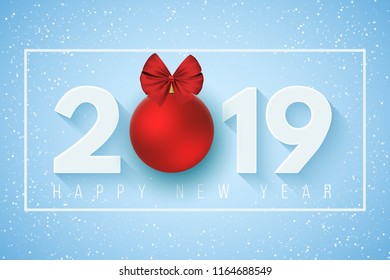 Happy new year 2019. Festive banner for your project. Falling snowflakes on a light blue background. Paper numbers with a New Year's toy. Vector illustration. EPS 10