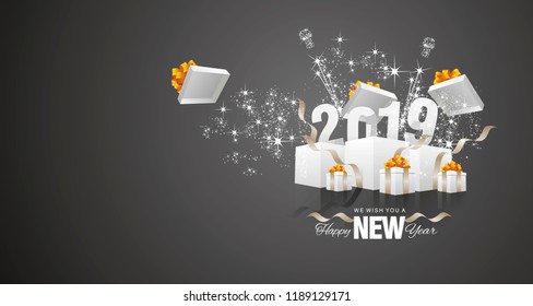 Happy New Year 2019 firework box black landscape greeting card