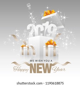 Happy New Year 2019 firework box silver grey background