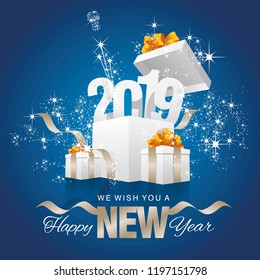 Happy New Year 2019 firework box blue background greeting card
