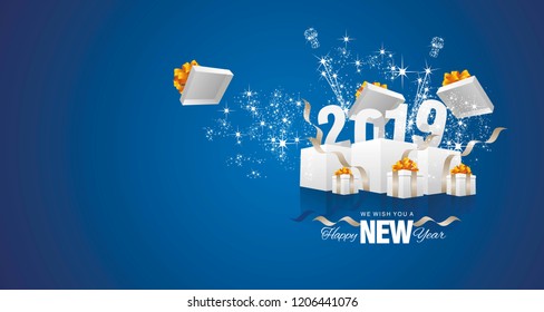 Happy New Year 2019 firework white box blue landscape greeting card