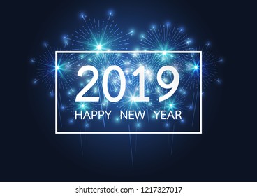 Happy new year 2019 with Firework on dark background for celebration, party, and new year event. Vector illustration