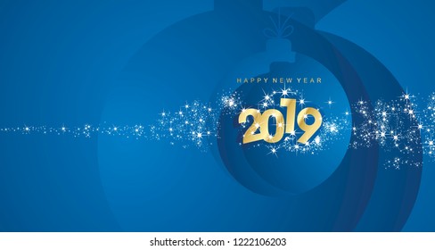 Happy New Year 2019 firework gold blue Christmas ball landscape greeting card