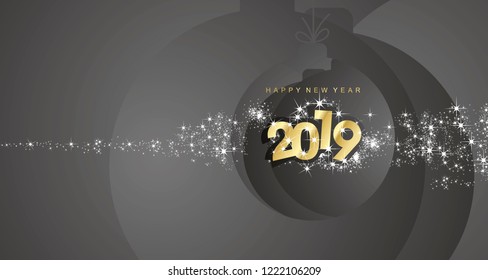 Happy New Year 2019 firework gold black Christmas ball landscape greeting card