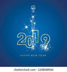 Happy New Year 2019 firework gold line design numbers blue background
