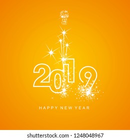 Happy New Year 2019 firework white line design numbers orange yellow background
