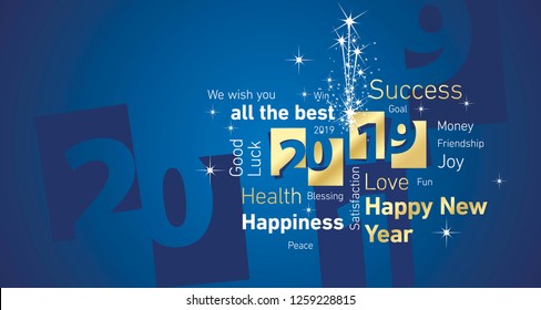 Happy New Year 2019 firework negative space word cloud text gold white blue vector