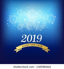 happy new year 2019 with fireworks and golden ribbons in blue color background