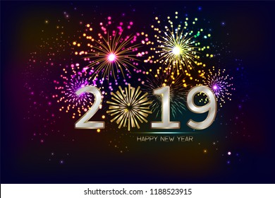 Happy New Year 2019 with fireworks background. illustration vector.