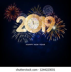 Happy New Year 2019 with fireworks background. Chienese New Year, Year of the Pig.