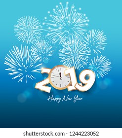 Happy New Year 2019 with fireworks background. Chienese New Year, Year of the Pig.
