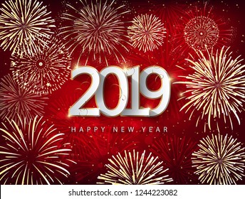 Happy New Year 2019 with fireworks background. Chienese New Year, Year of the Pig.