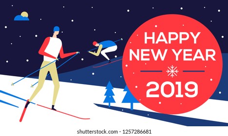 Happy new year 2019 - flat design style illustration. High quality composition with people skiing, going on piste, snow falling. Winter holidays, healthy lifestyle concept. Perfect as greeting card