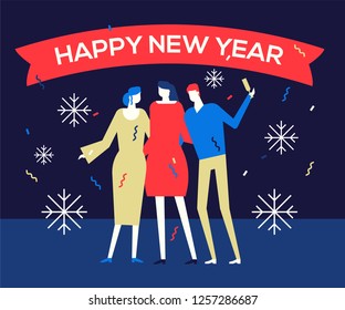 Happy new year 2019 - flat design style illustration. High quality composition with cheerful people, male and friends or colleagues celebrating, opening champagne. Winter holidays, party concept