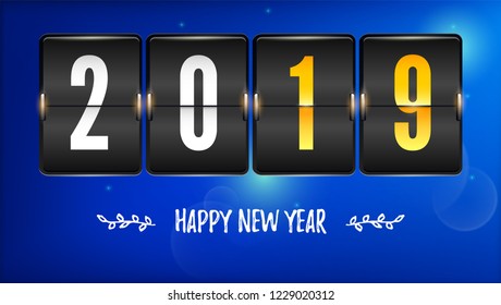Happy new year 2019. Flip countdown timer with number of year and handwritten text. Airport time table with numbers on winter background. Mechanical scoreboard of counter of elapsed time