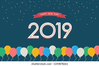 Happy new year 2019 with floating party balloon and ribbon in flat icon design on blue color background