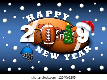 Happy new year 2019 and football ball with Christmas tree, hat and helmet. Creative design pattern for greeting card, banner, poster, flyer, party invitation, calendar. Vector illustration