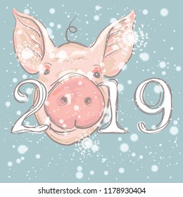 Happy New Year 2019 funny card design with cartoon pigs face. Vector illustration