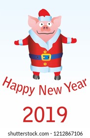 Happy New Year 2019 funny card design. With cartoon pigs. Funny Christmas pig, Chinese year of the pig. Postcard with funny pig. Colorful Vector illustration EPS 10.