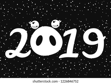 Happy New Year 2019 funny card design with cartoon pigs face.Vector illustration.