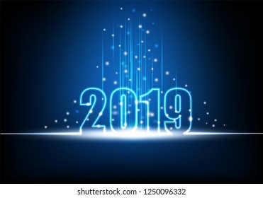 Happy New Year 2019, Futuristic technology abstract with glowing neon light with shiny beam and sparkles, Vector illustration