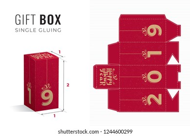 Happy New Year 2019 Gift Box Die Cut Double Height Template with 3D Preview - Blueprint Layout with Cutting and Scoring Lines over Gold Calligraphic Lettering on Red - Vector Packaging Graphic Design