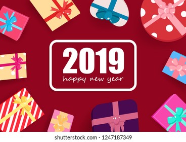 Happy new year, 2019, gift celebration seasonal holidays top view flat design, greeting card, poster vector background illustration