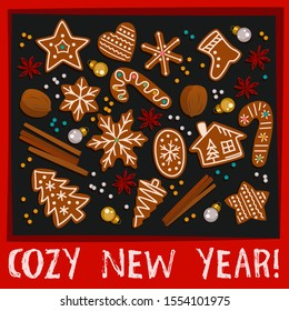 Happy New Year 2019 gift card with gingerbread, toys. Cozy New Year 2019 greeting card, Christmas post card, party invitation, poster. Vector illustration. Winter holiday template decorative image.