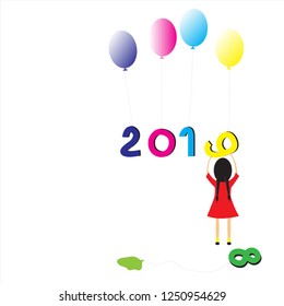 Happy New Year 2019. Girls in red dress with colorful balloons. White background vector
