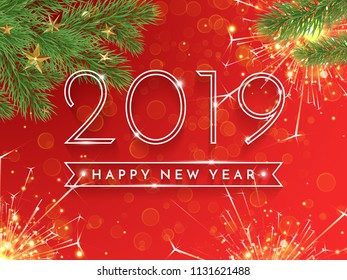 Happy New Year 2019 glitter gold greeting card of Christmas tree with sparkles and golden stars decoration on vector red sparkling background for holiday celebration design