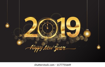 Happy New Year 2019 with glitter isolated on black background, text design gold colored, vector elements for calendar and greeting card.