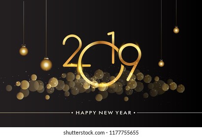 Happy New Year 2019 with glitter isolated on black background, text design gold colored, vector elements for calendar and greeting card.